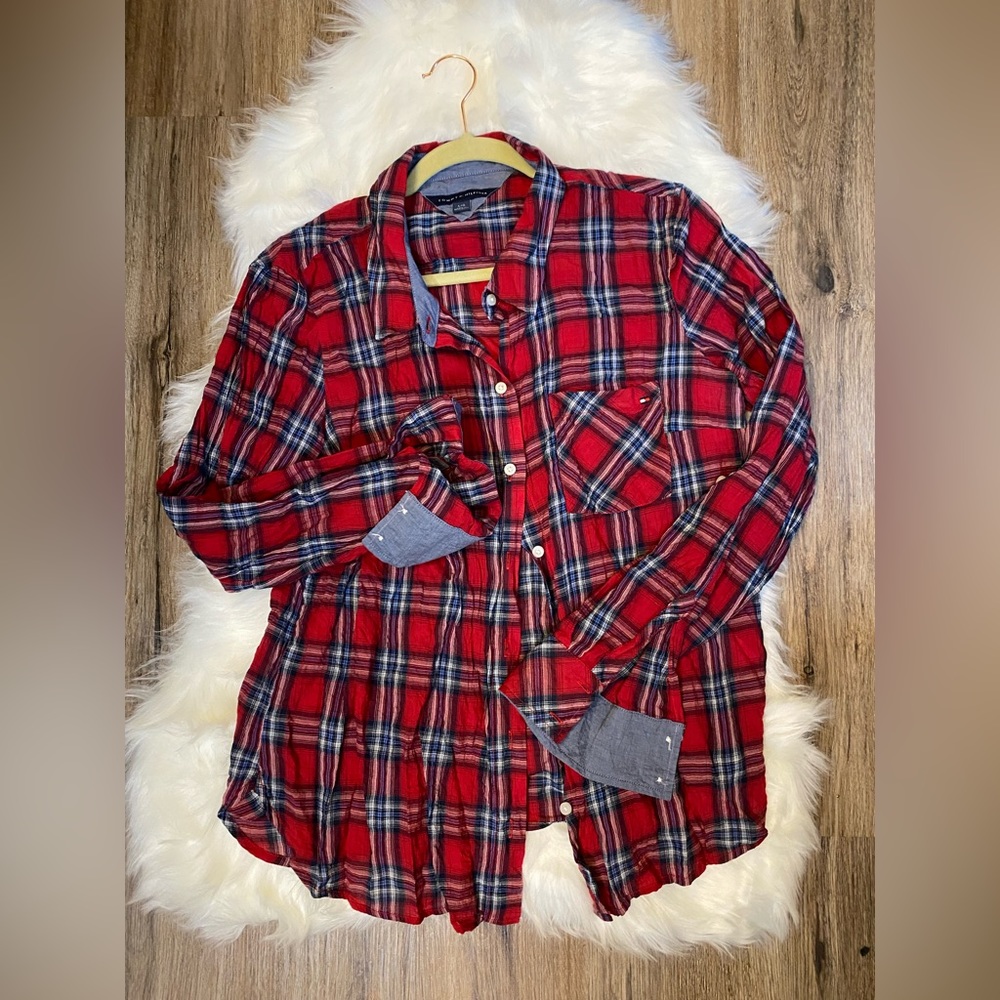 Tommy Hilfiger button down shirt. Red with blue Denim trim.
